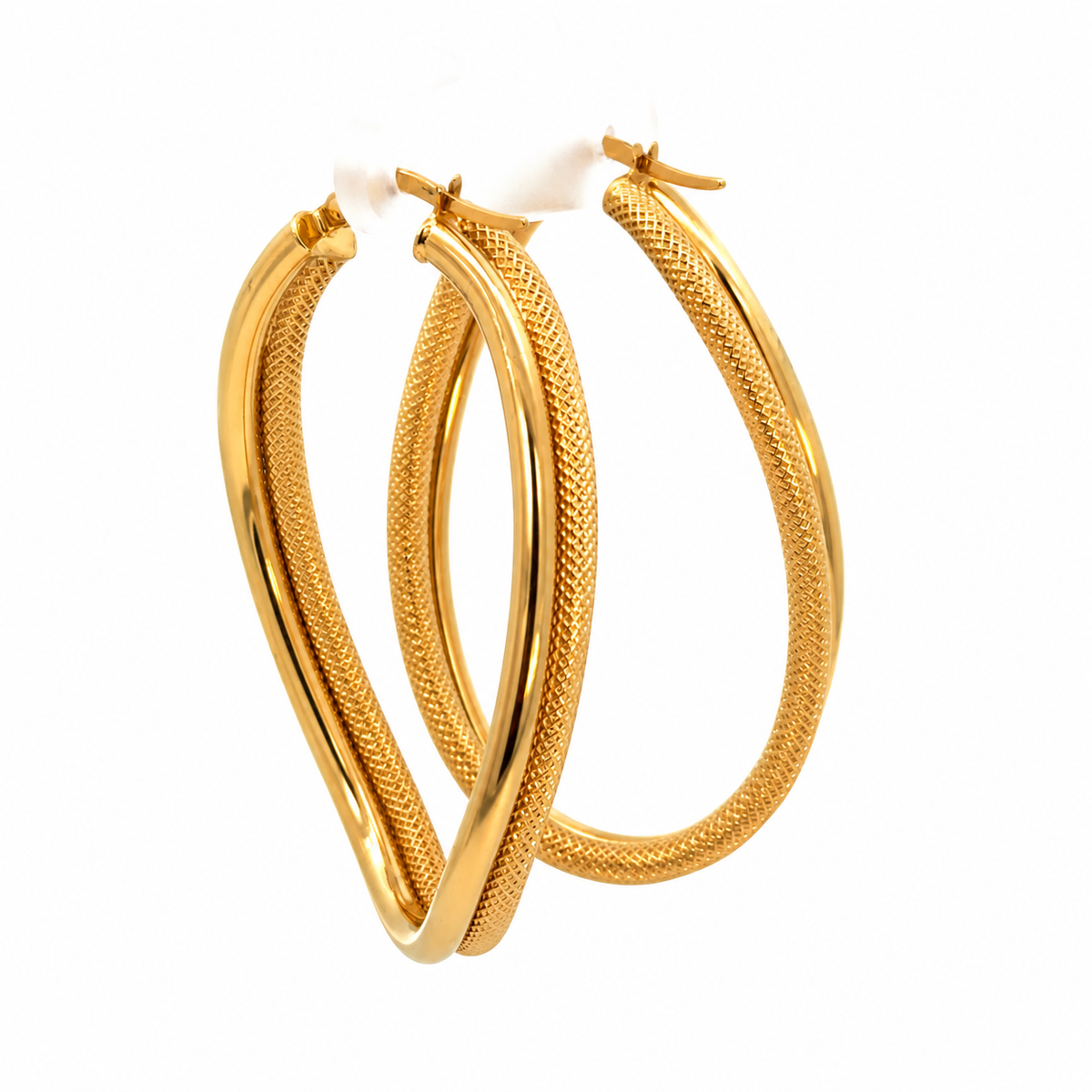 MILOR 14K Yellow Gold Polished & Textured Hoop Earrings — Made in Italy