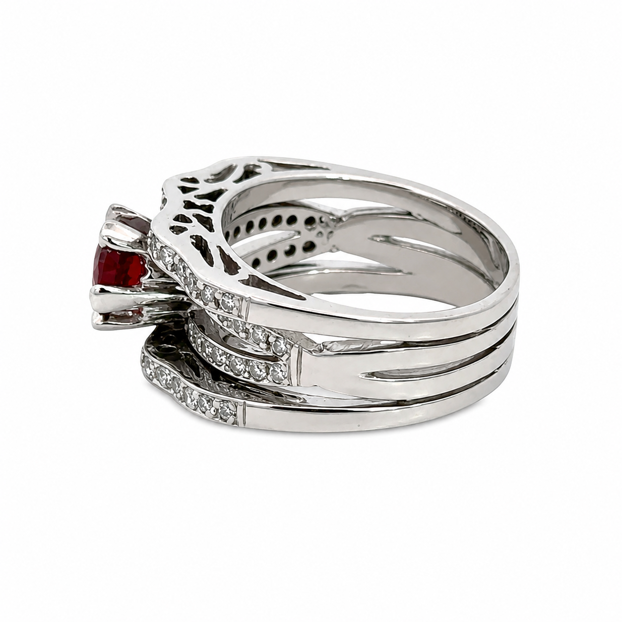 18K White Gold Garnet & Diamond Multi-Band Statement Ring