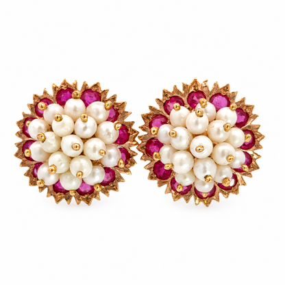 Vintage Retro 14K Rose Gold Ruby & Seed Pearl Floral Earrings