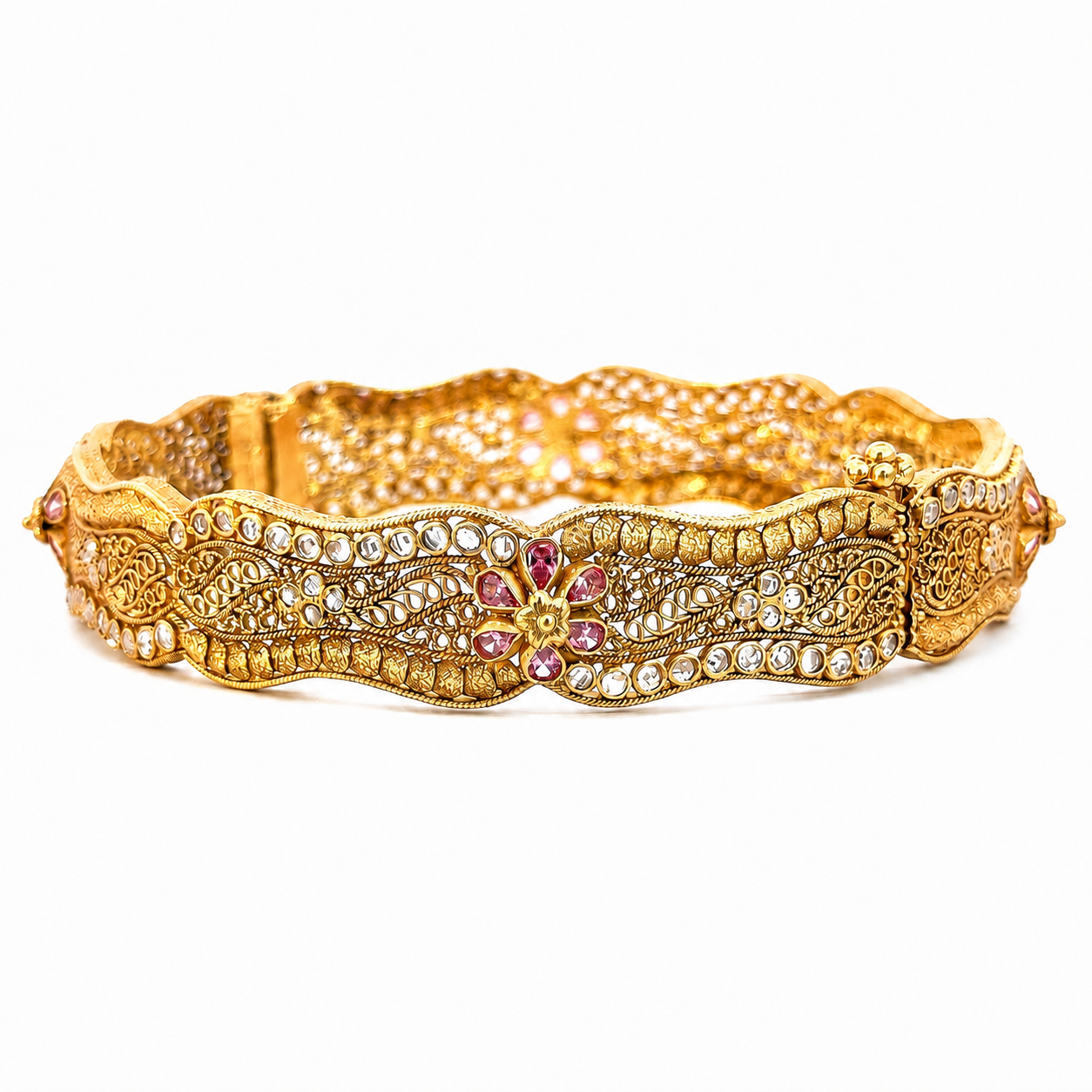 Vintage 22K Yellow Gold Filigree Bangle with Pink Swarovski Crystals & Cubic Zirconia