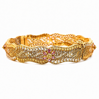 Vintage 22K Yellow Gold Filigree Bangle with Pink Swarovski Crystals & Cubic Zirconia