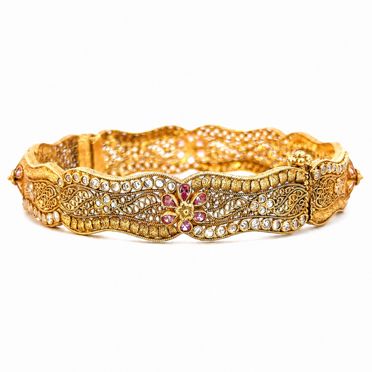 Vintage 22K Yellow Gold Filigree Bangle with Pink Swarovski Crystals & Cubic Zirconia