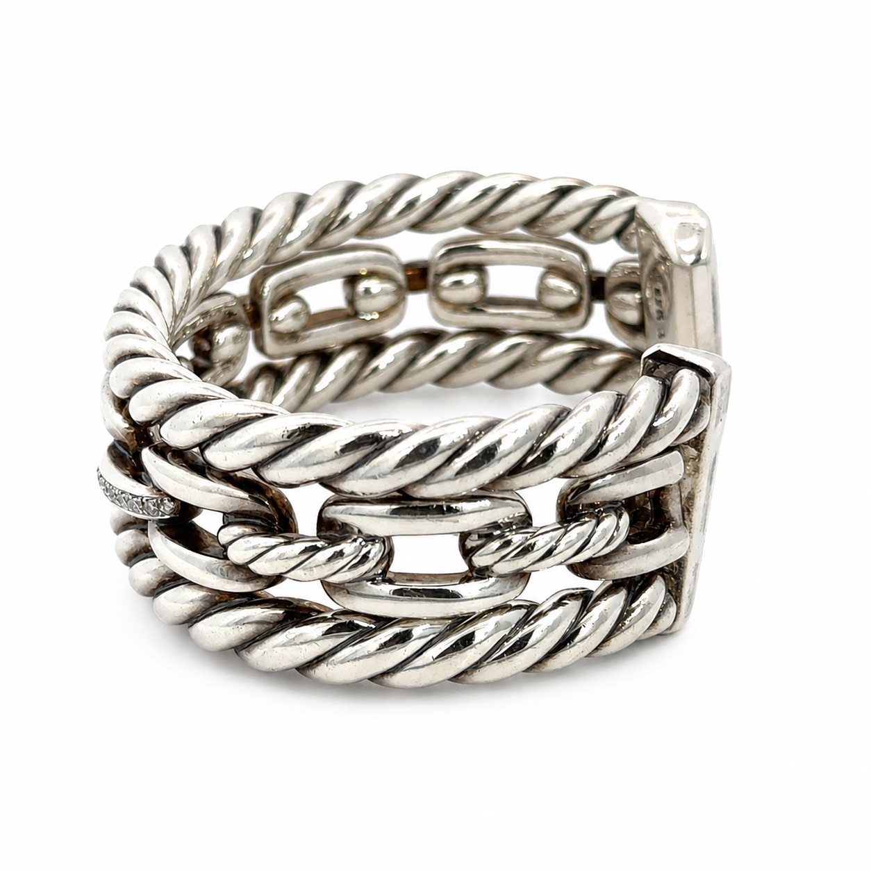David Yurman Wellesley Link Collection Three-Row Sterling Silver Diamond Wide Cuff Bangle