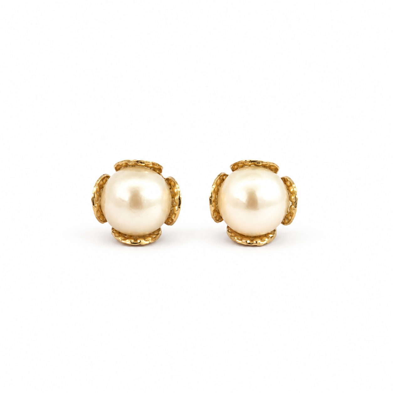 14K Yellow Gold Pearl Bud Floral Stud Earrings