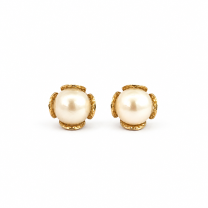14K Yellow Gold Pearl Bud Floral Stud Earrings