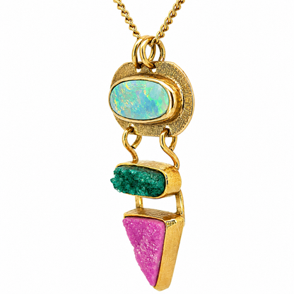14K Yellow Gold Artisan Opal & Quartz Pendant