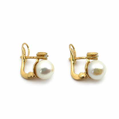 18K Yellow Gold Pearl & Diamond Lever-Back Earrings