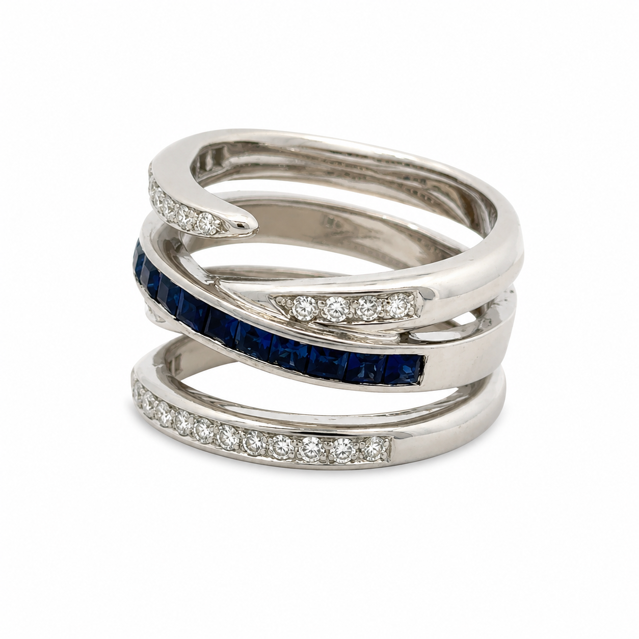 18K White Gold Diamond & Sapphire Wide Ribbon Ring