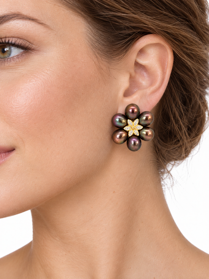 14K Yellow Gold Oval Black Pearl Flower Earrings