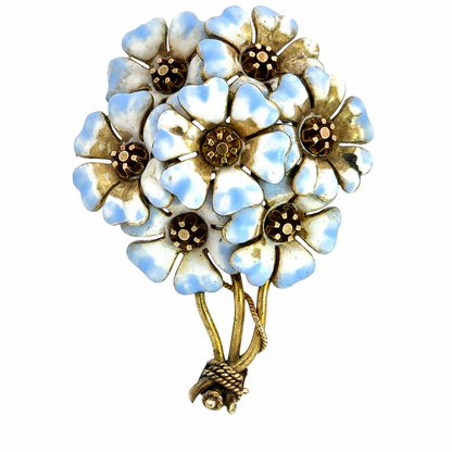 Vintage c. 1950 18K Yellow Gold White & Blue Enamel Floral Bouquet Brooch