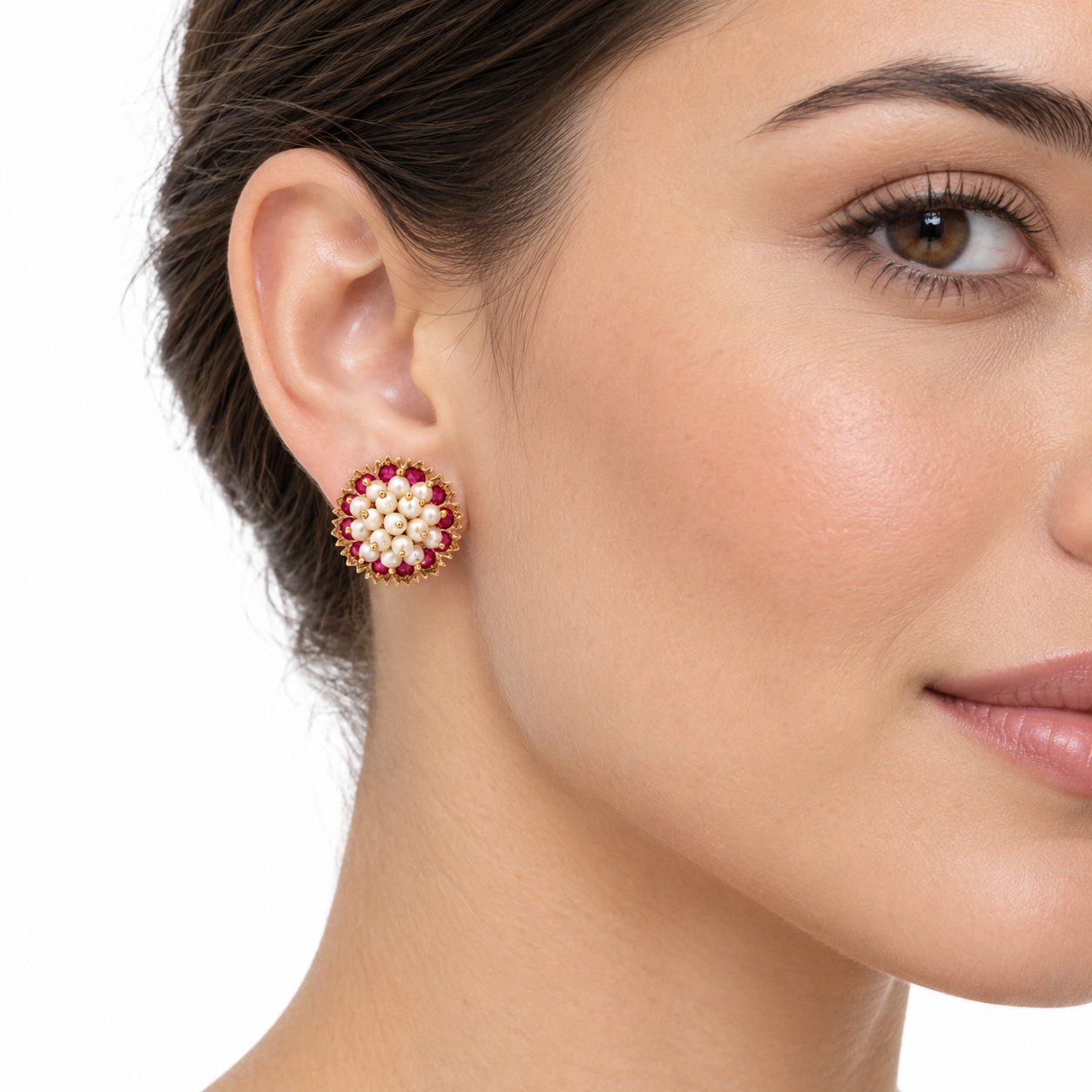 Vintage Retro 14K Rose Gold Ruby & Seed Pearl Floral Earrings