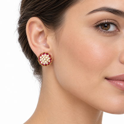 Vintage Retro 14K Rose Gold Ruby & Seed Pearl Floral Earrings
