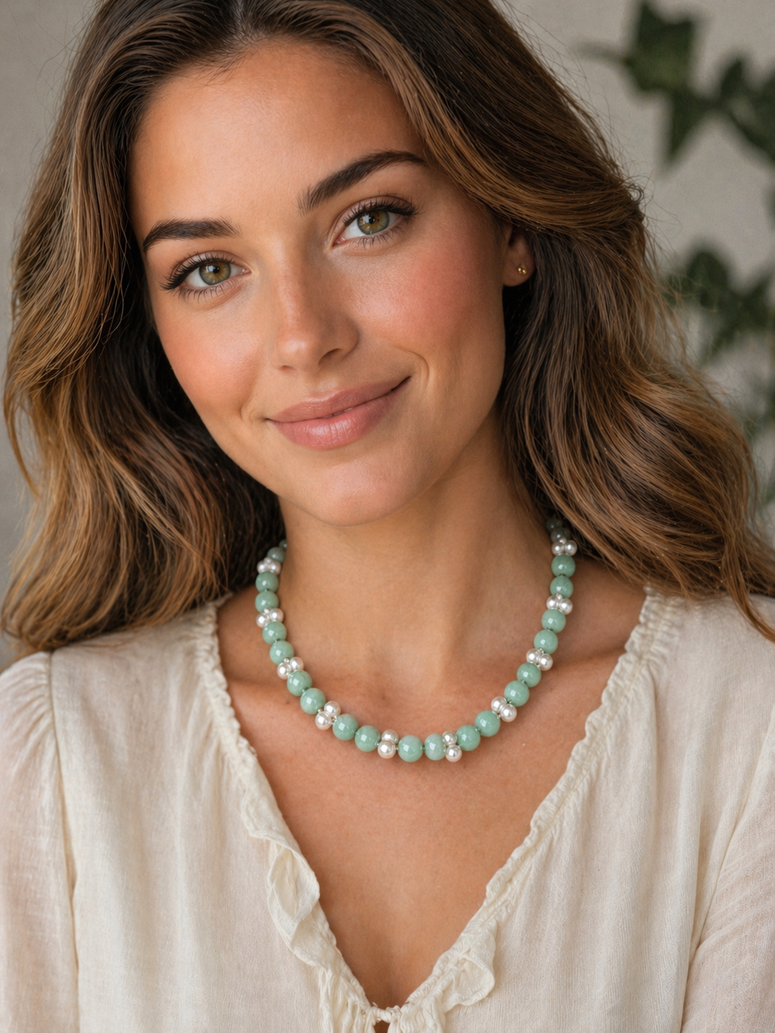 C.W. Vintage Jade, Pearl & 18K Yellow Gold Necklace and Earrings Set