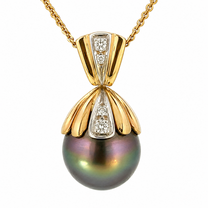 Large Tahitian Pearl Pendant 14K Yellow & White Gold Diamond Accent