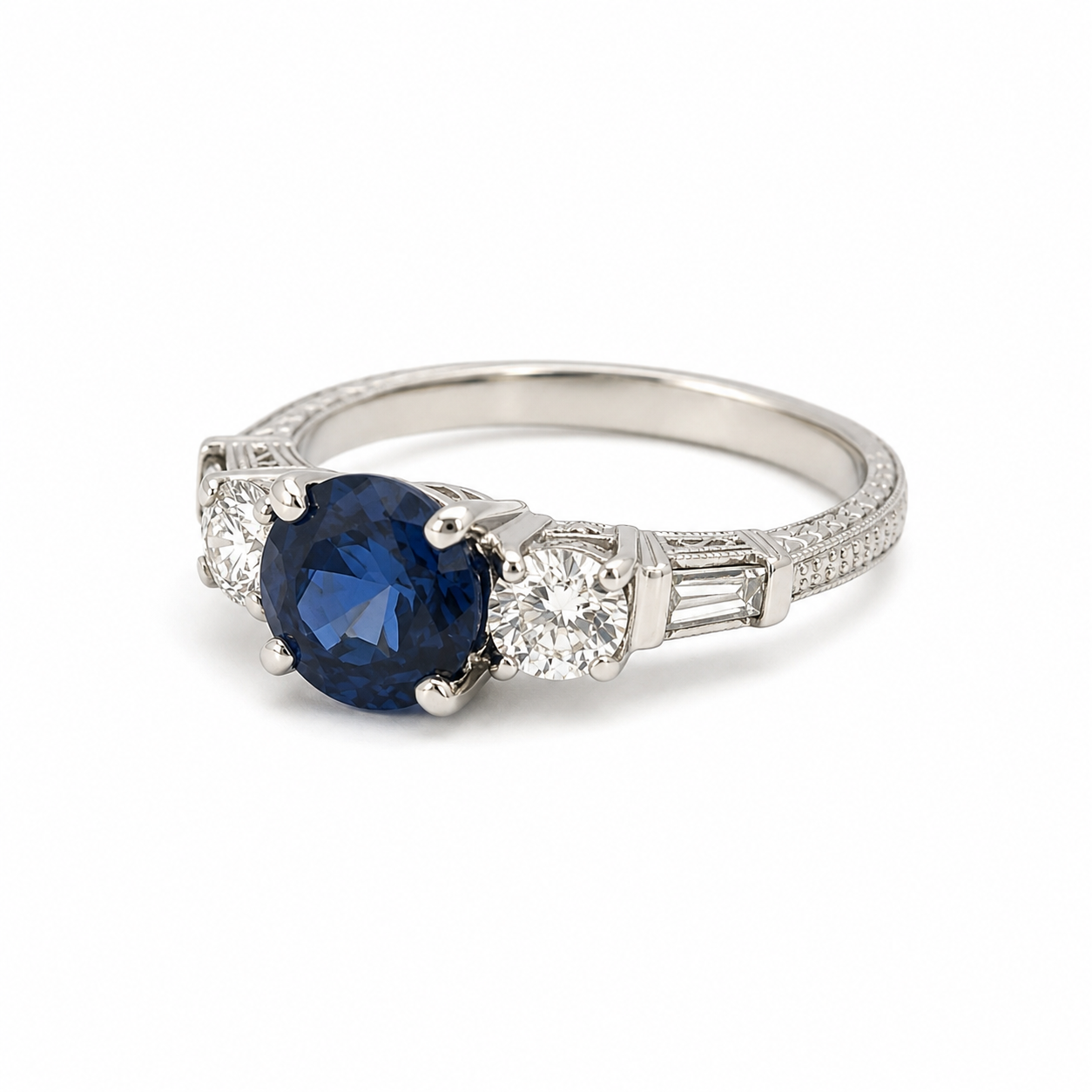 Vintage Platinum Blue Sapphire & Diamond Ring with Filigree