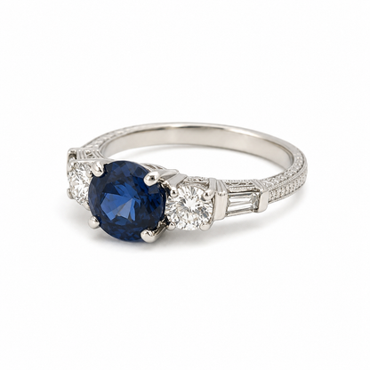 Vintage Platinum Blue Sapphire & Diamond Ring with Filigree
