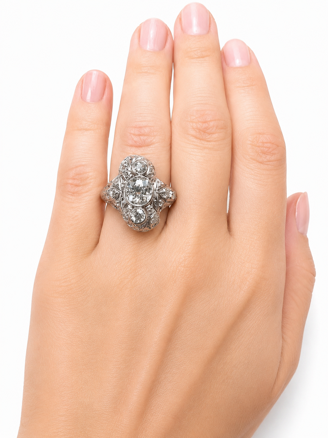 Antique Platinum Old Cut Diamond Ring with Rose Cut Diamonds