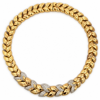 Vintage 18K Yellow Gold Diamond Leaf-Link Collar Necklace