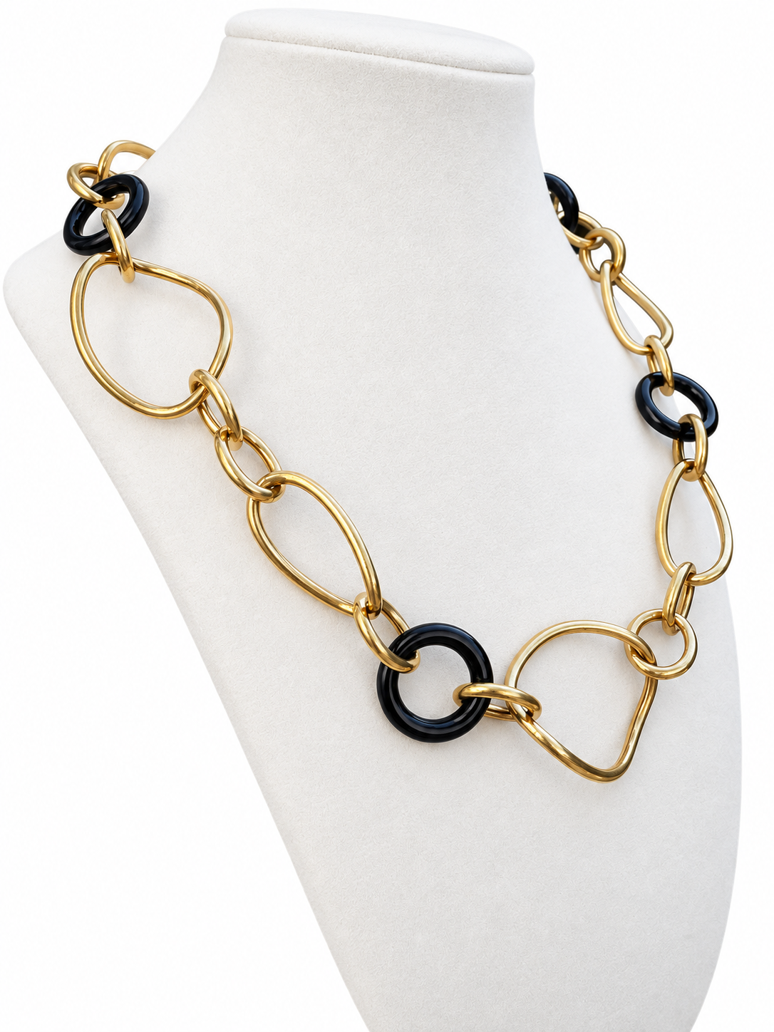 Italian 18K Yellow Gold & Black Onyx Sculptural Link Necklace — 20 Inches
