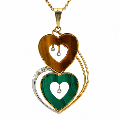 14K Yellow & White Gold Malachite, Tiger’s Eye & Diamond Double Heart Pendant