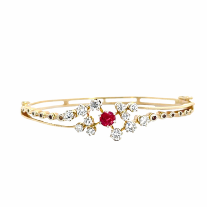 14K Yellow Gold Diamond & Ruby Floral-Inspired Bangle Bracelet
