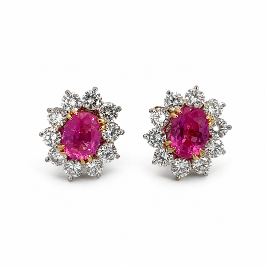 Bright Pink Ruby Diamond Halo Stud Earrings in 18K Two-Tone Gold