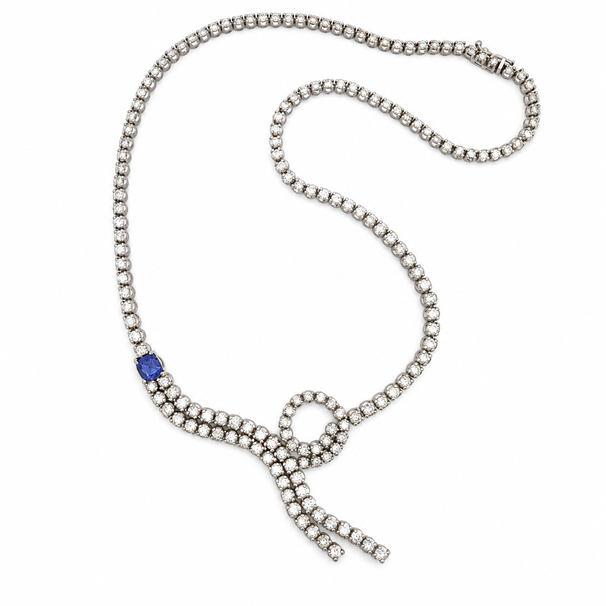 18K White Gold Diamond & Tanzanite Necklace — 11.75 CT Diamonds with Asymmetric Loop & Double Drop
