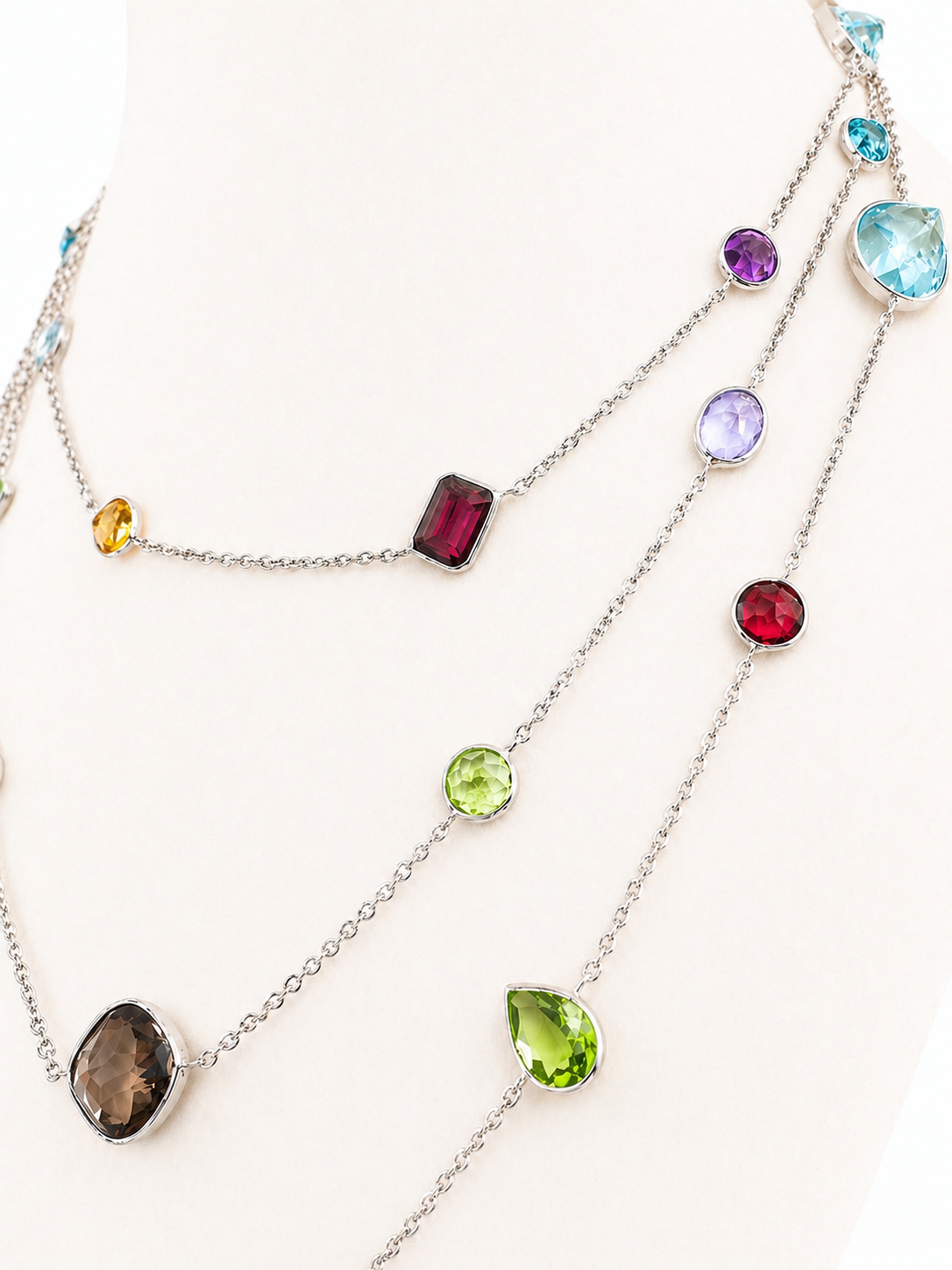 Long 14K White Gold Multicolor Gemstone Station Necklace, 49 Inch Layering Necklace