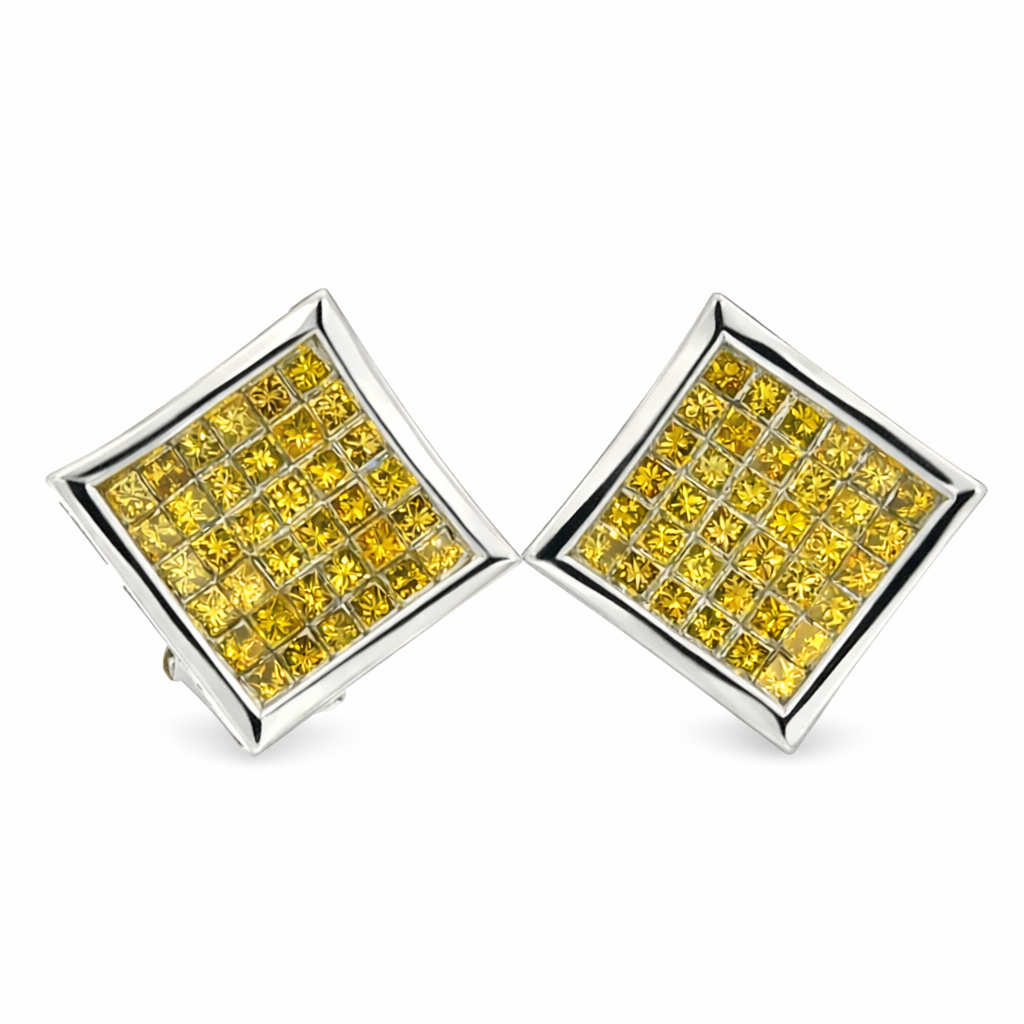 14K White Gold Square Yellow Diamond Cluster Earrings