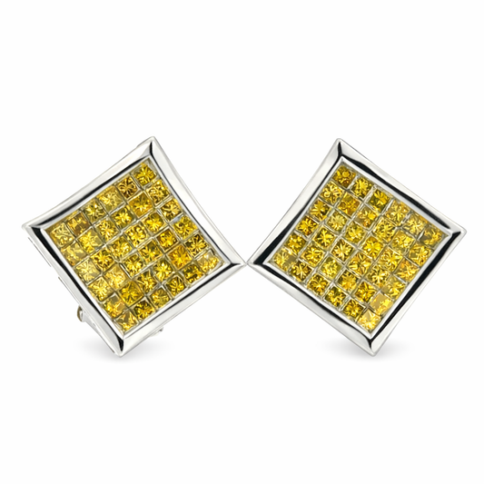 14K White Gold Square Yellow Diamond Cluster Earrings