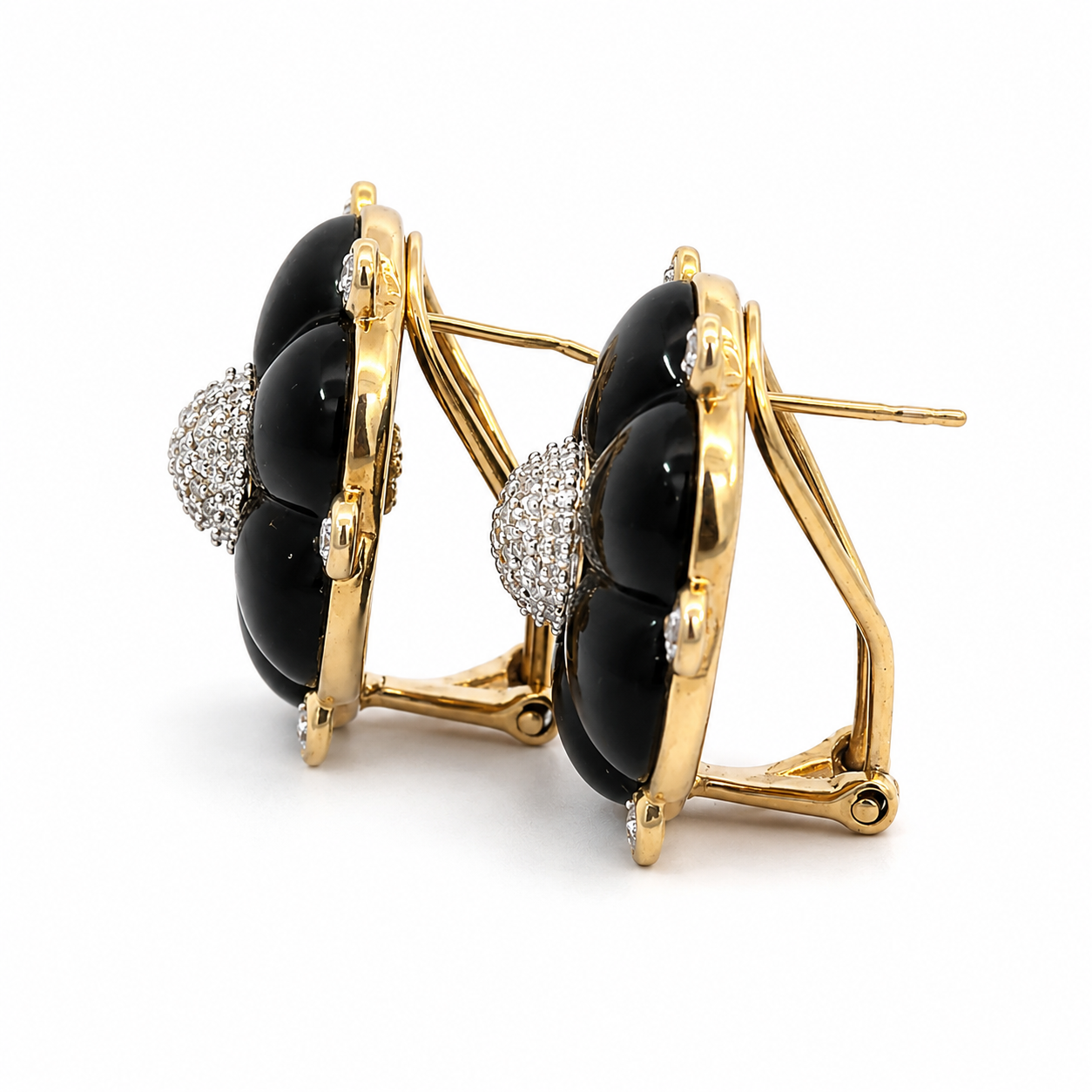 Vintage 14K Yellow Gold Onyx & Diamond Flower Earrings