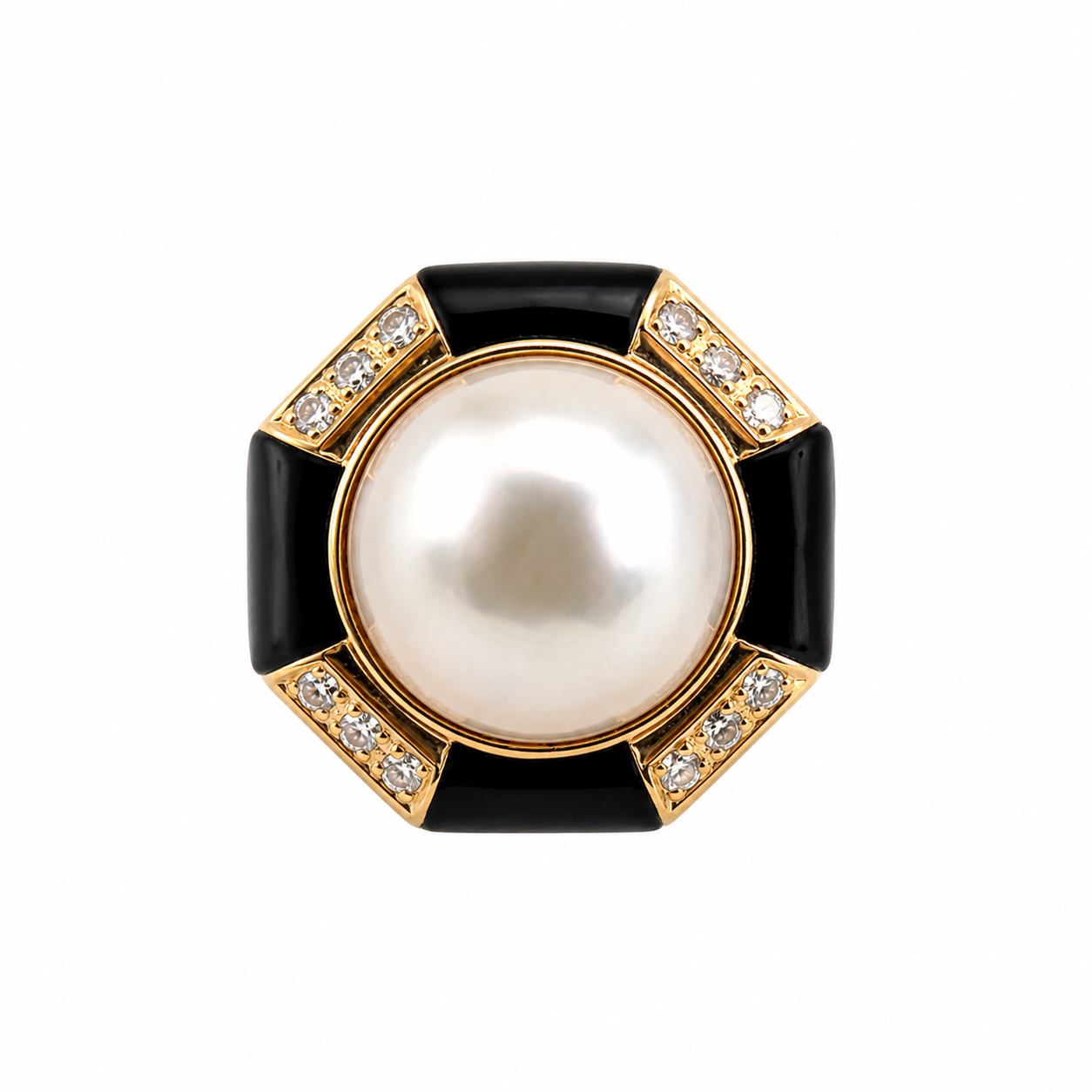 Vintage Pearl Onyx Diamond Geometric Ring in 14K Gold