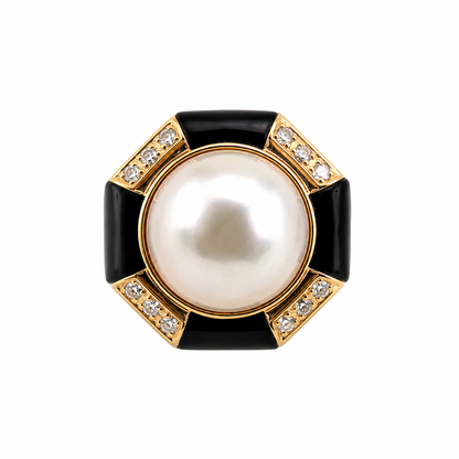 Vintage Pearl Onyx Diamond Geometric Ring in 14K Gold