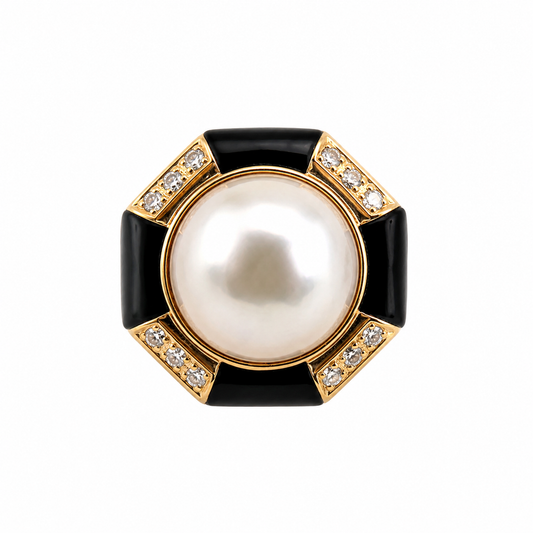 Vintage Pearl Onyx Diamond Geometric Ring in 14K Gold