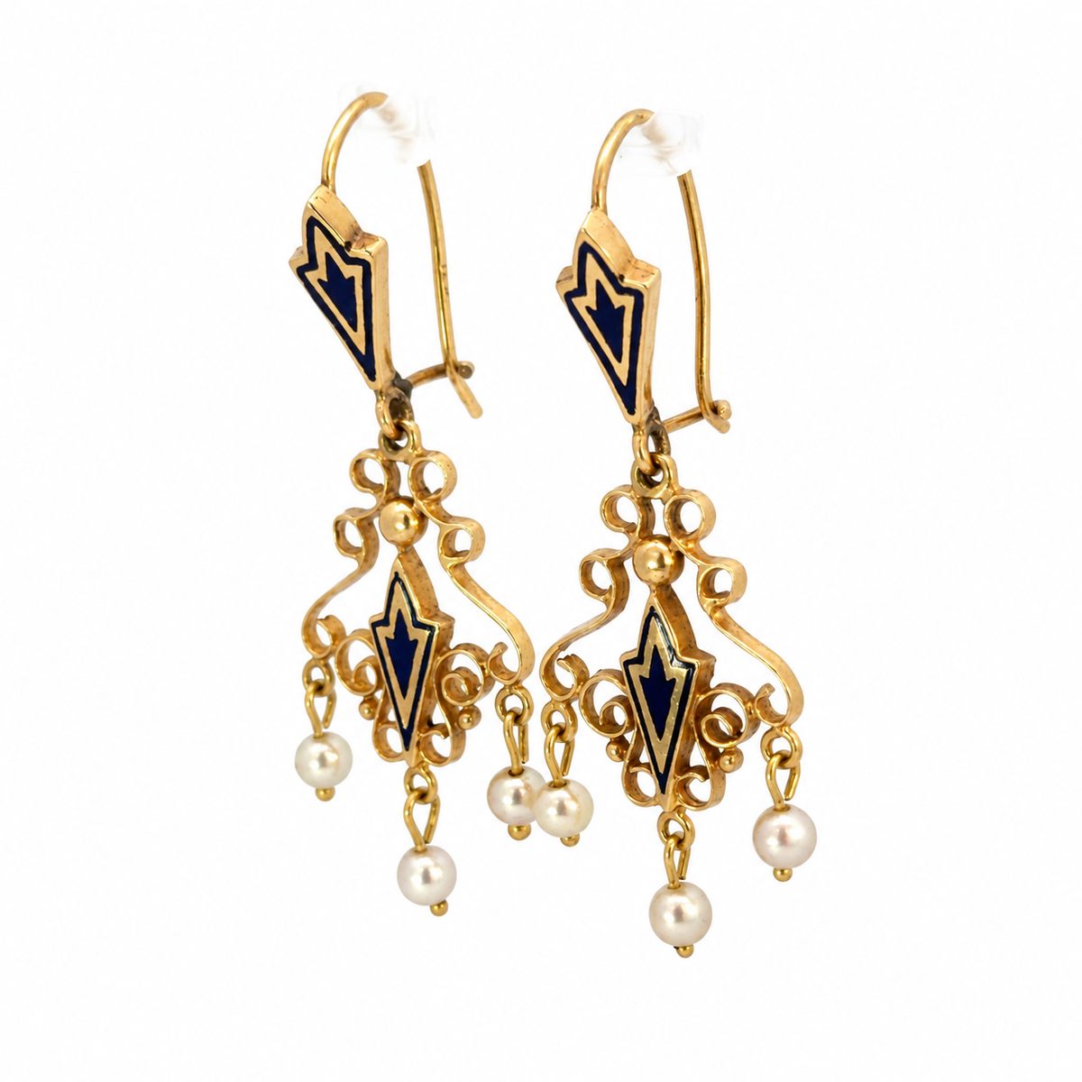 14K Yellow Gold Blue Enamel & Seed Pearl Filigree Chandelier Earrings