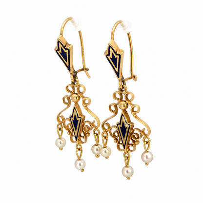 14K Yellow Gold Blue Enamel & Seed Pearl Filigree Chandelier Earrings