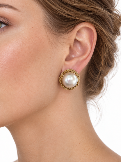 14K Yellow Gold Mabé Pearl Earrings with Braided Gold Surround – French Clips