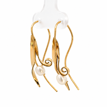 14K Yellow Gold Cultured Pearl Sculptural Leaf Drop Earrings