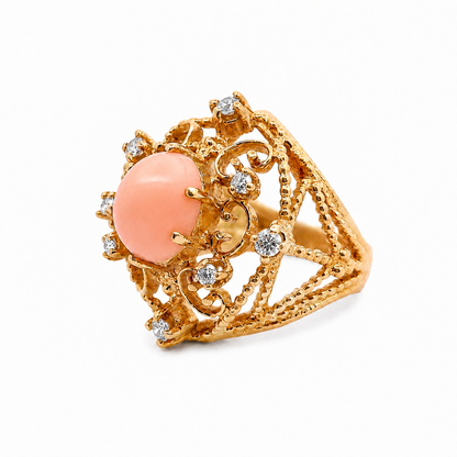 18K Yellow Gold Vintage Coral & Diamond Lacework Statement Ring