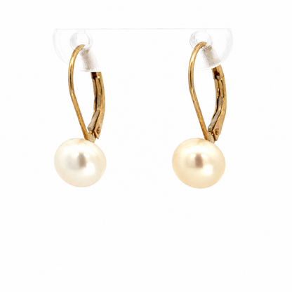 14K Yellow Gold Button Pearl Lever-Back Drop Earrings