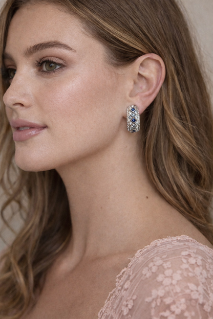 Diamond and Sapphire Hoop Earrings 14K White Gold French Clip