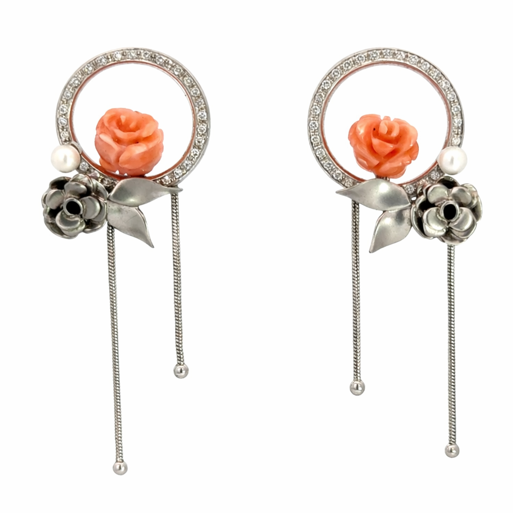18K White Gold Coral Flower, Pearl & Diamond Drop Earrings