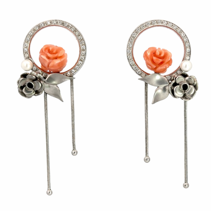 18K White Gold Coral Flower, Pearl & Diamond Drop Earrings