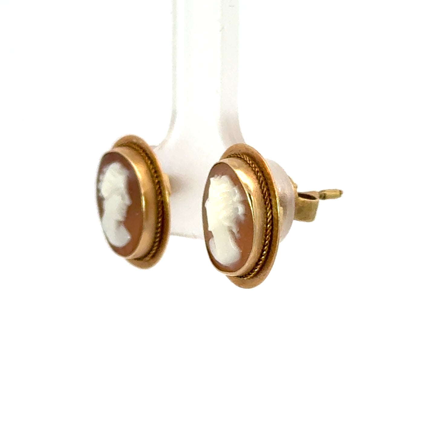 Vintage 14K Oval Cameo Earrings with Rope Border