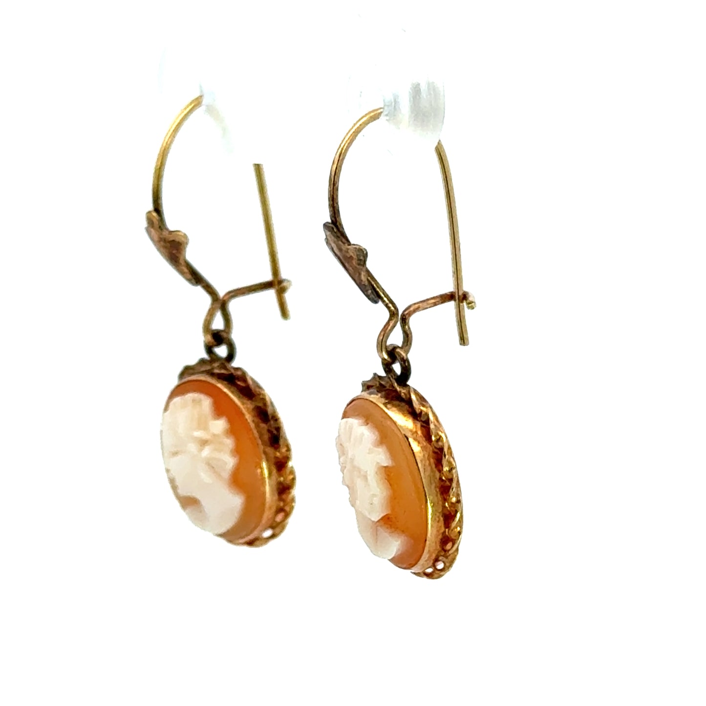 Romantic Vintage Cameo Drop Earrings in Yellow Gold