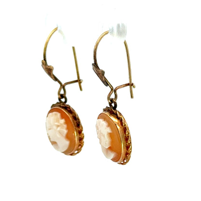 Romantic Vintage Cameo Drop Earrings in Yellow Gold