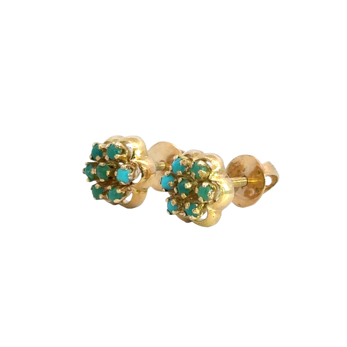 Vintage Yellow Gold Turquoise Flower Screw Back Earrings