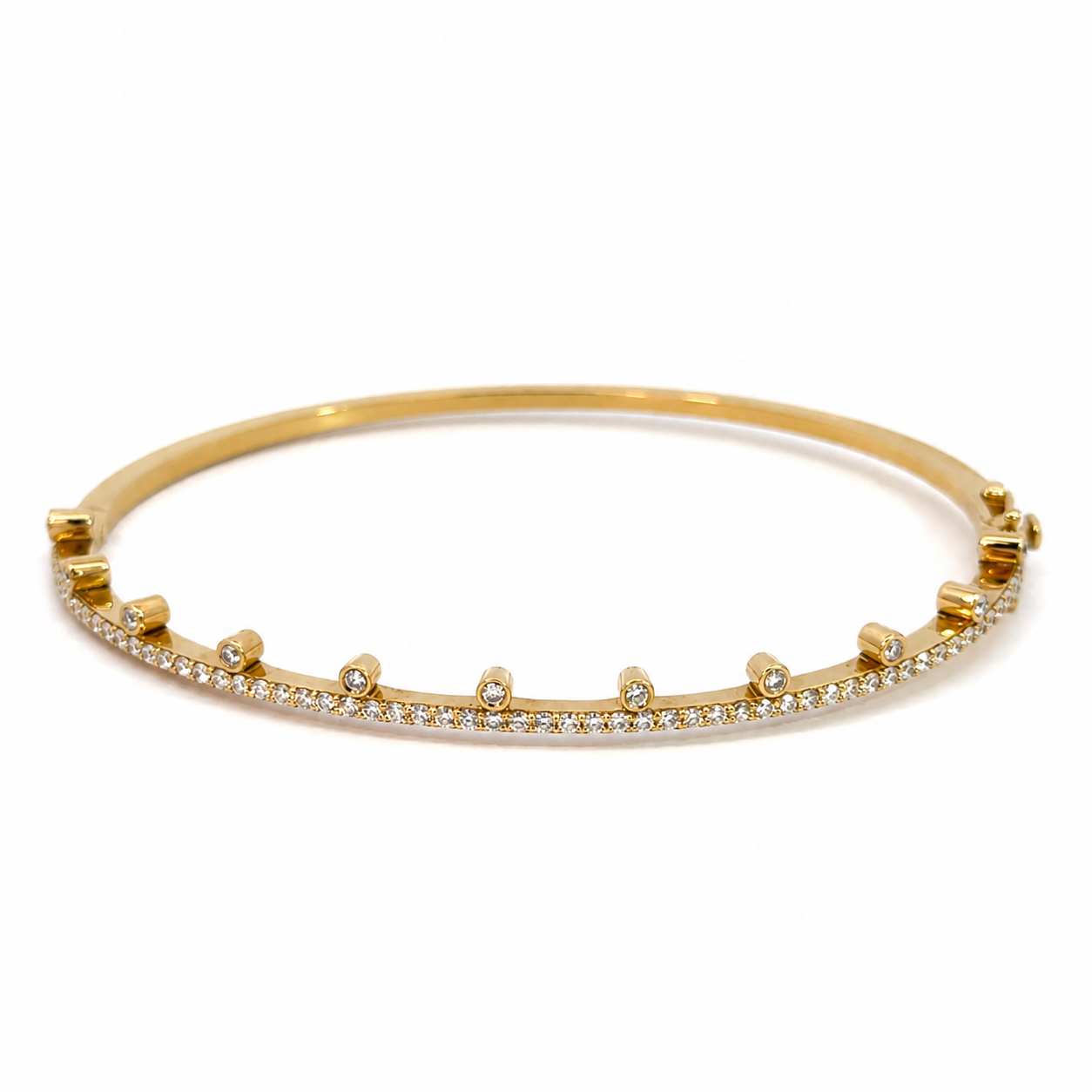 18K Yellow Gold Diamond Bangle with Raised Bezel Accents