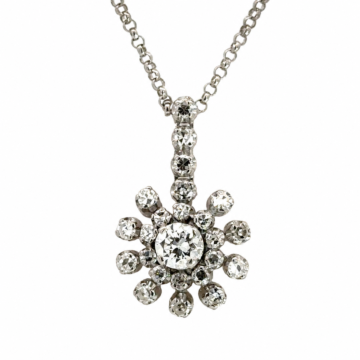 Italian 18K White Gold Diamond Floral Starburst Necklace
