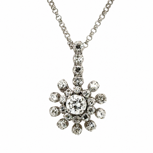 Italian 18K White Gold Old Mine-Cut Diamond Floral Starburst Necklace